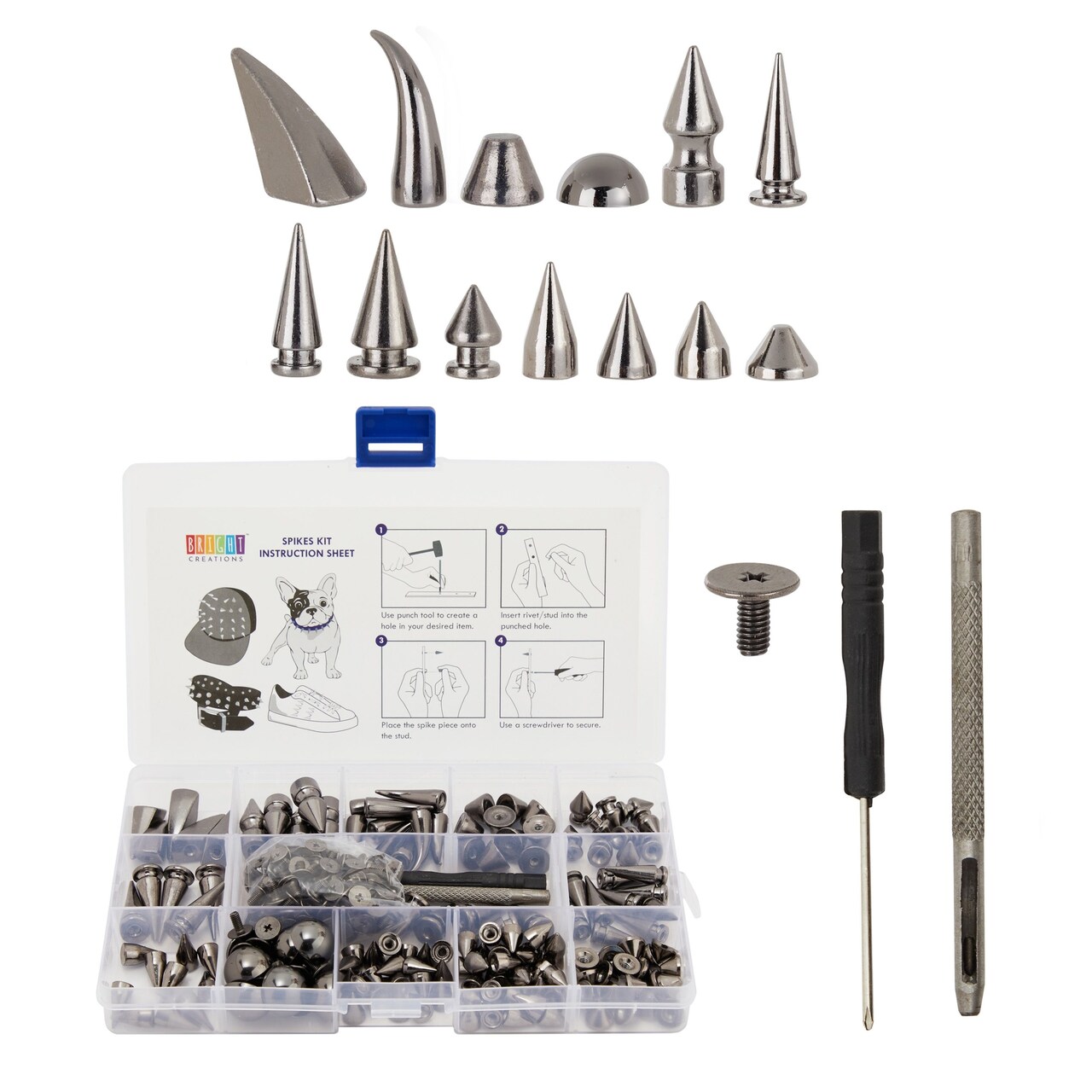 150-Piece Gunmetal Gray Spikes and Studs Set, 13 Assorted Shapes with  Screws, Phillips Screwdriver, Hole Punch Tool, and Plastic Storage Case for
